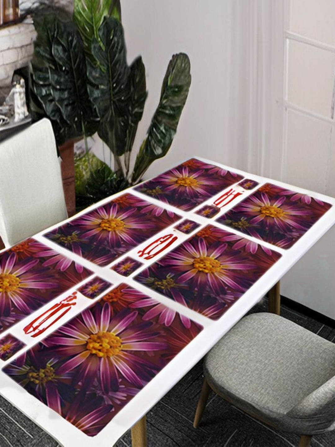 

REVEXO Purple 12 Pieces Floral Printed Rectangular Shaped Coasters & Table Placemats