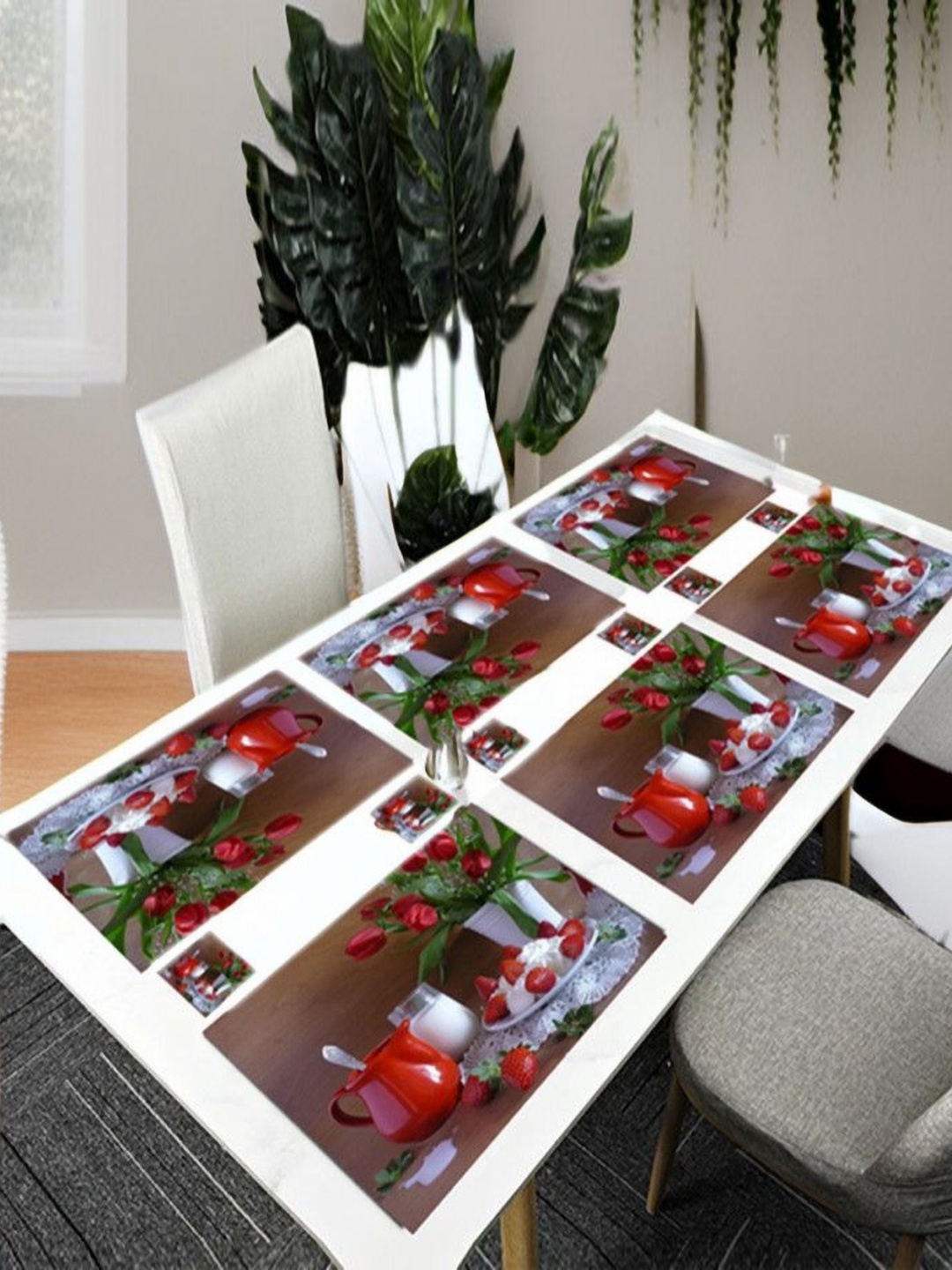 

REVEXO Brown & Red 12 Pieces Printed Rectangle Table Placemats With Costers