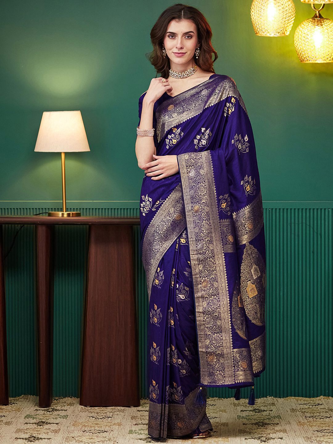 

Satrani Floral Woven Design Zari Pure Silk Banarasi Saree, Blue