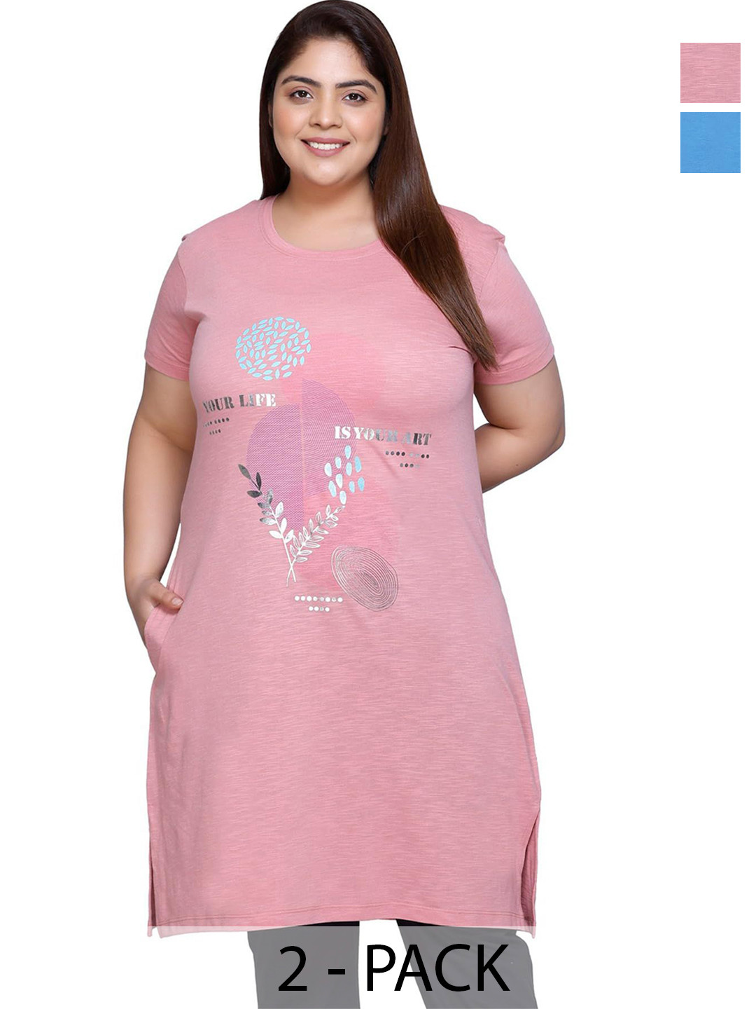 

IN Love Pack of 2 Women Plus Size Front Printed Cotton Nighty Chemise, Blue