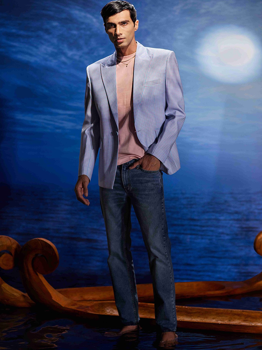 

Eleven Brothers Celeste Twill Self Design Notched Lapel Collar Single Breasted Blazer, Blue