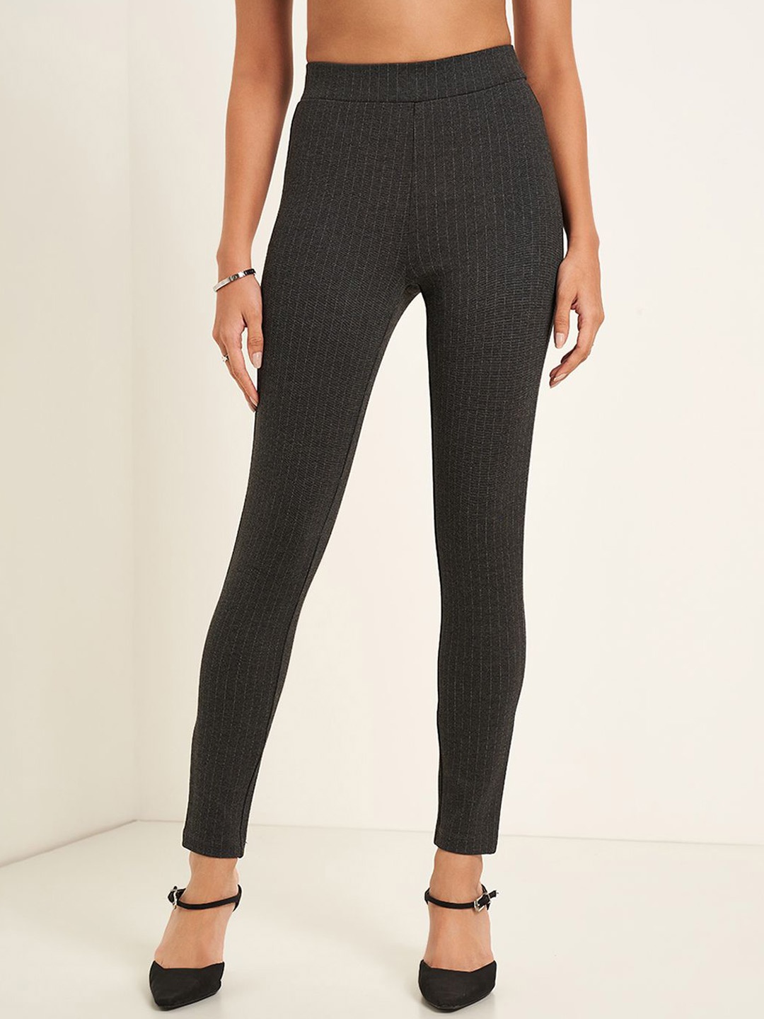

Annabelle by Pantaloons Women Striped Slim Fit Formal Trousers, Grey
