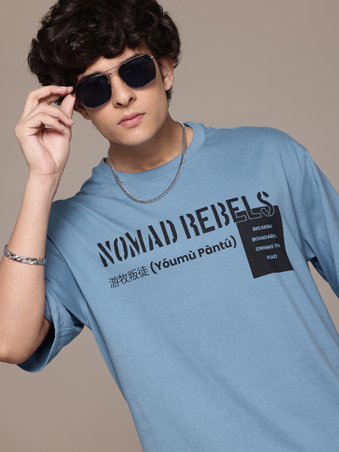 

Roadster The Lifestyle Co Typography Printed Drop-Shoulder Sleeves Pure Cotton T-shirt, Blue