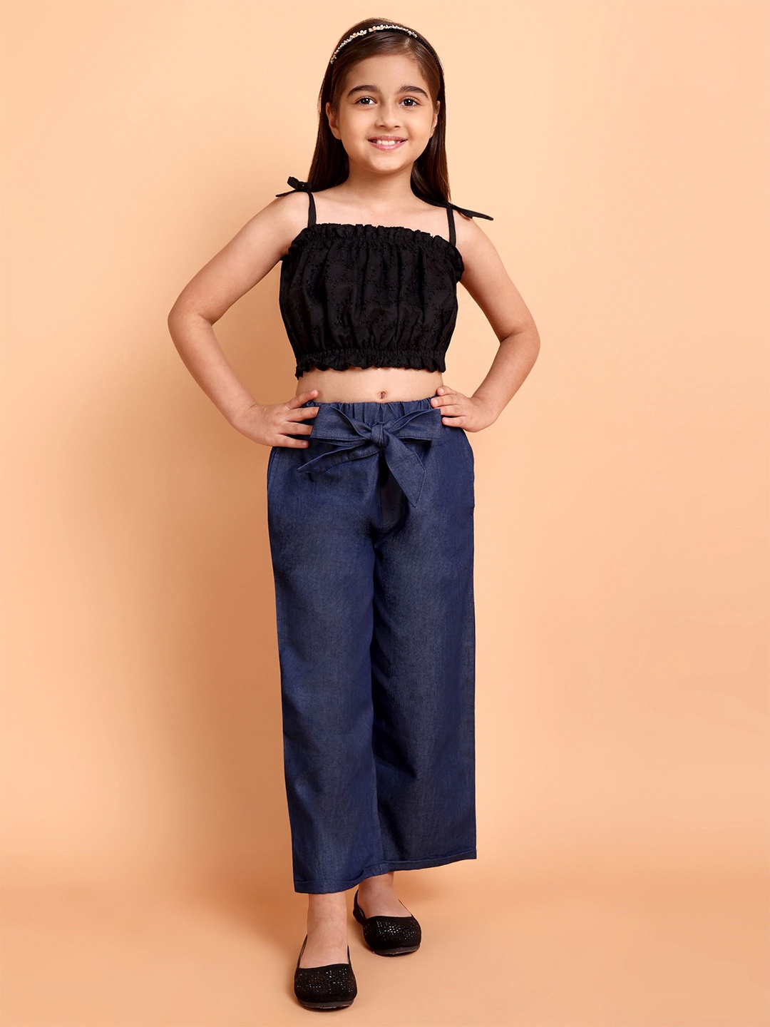 

YK Girls Schiffli Shoulder Straps Pure Cotton Top With Palazzo, Black
