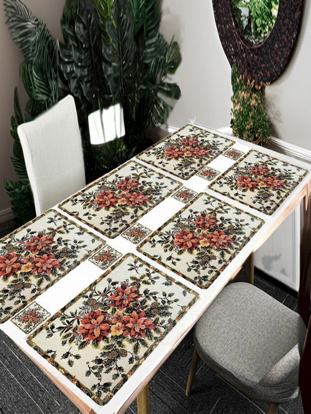 

REVEXO Beige 12 Pieces Floral Printed Rectangular Shaped Coasters & Table Placemats
