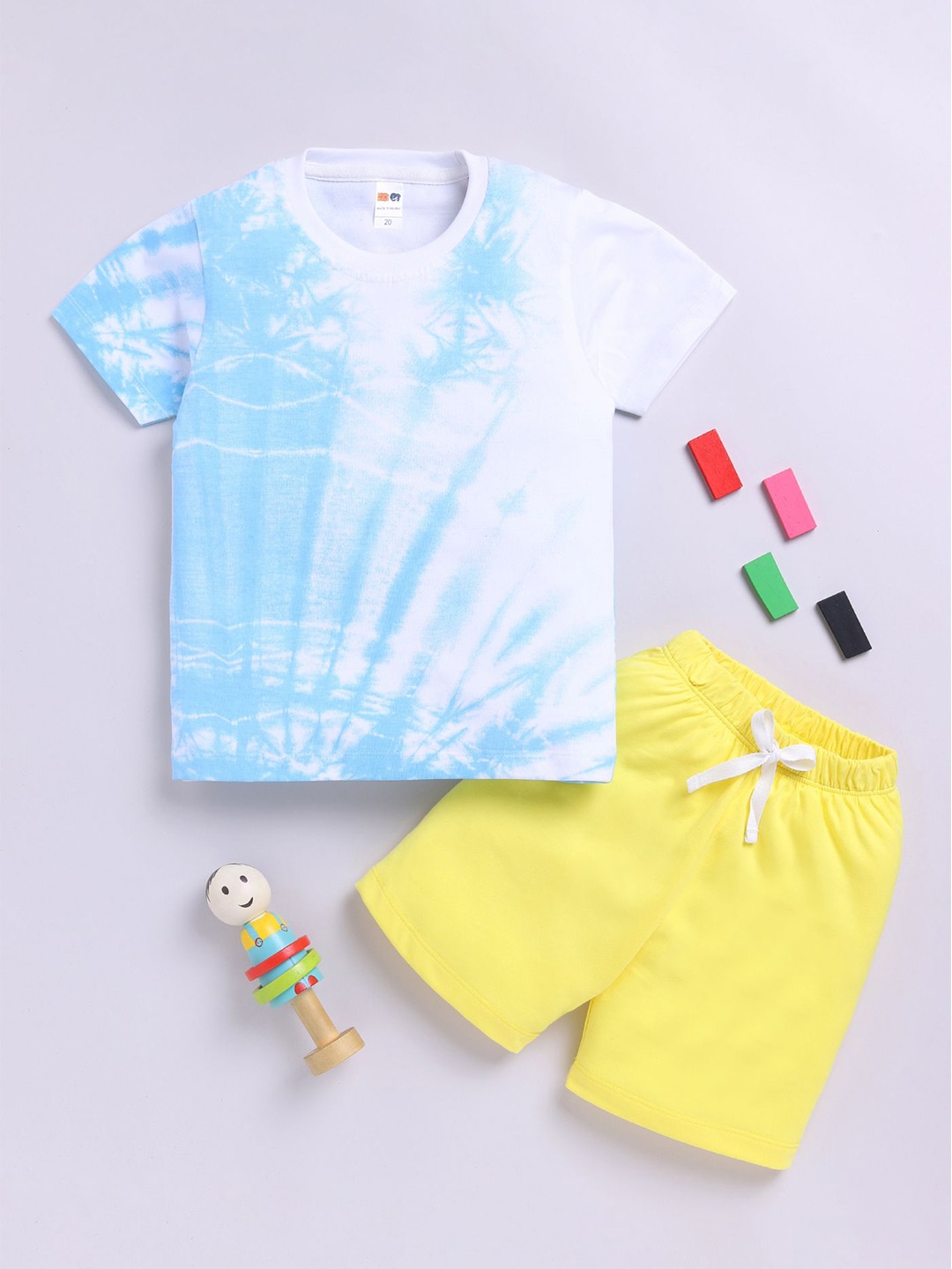 

LITTLE NINJA Boys Dyed Round Neck Pure Cotton T-Shirt With Shorts, Blue