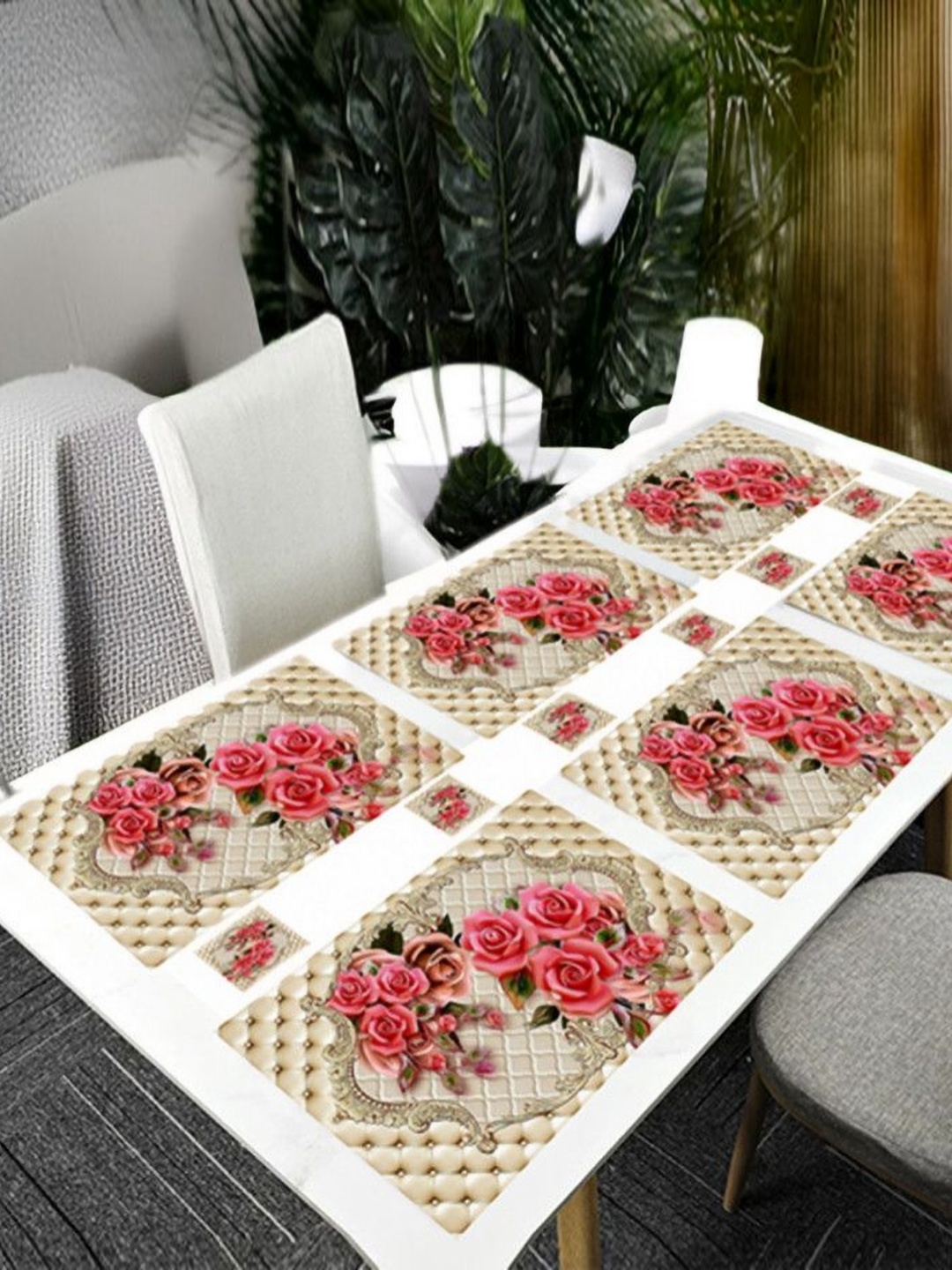 

REVEXO Beige & Pink 12 Pcs Printed Rectangular Shaped Coasters & Table Placemats