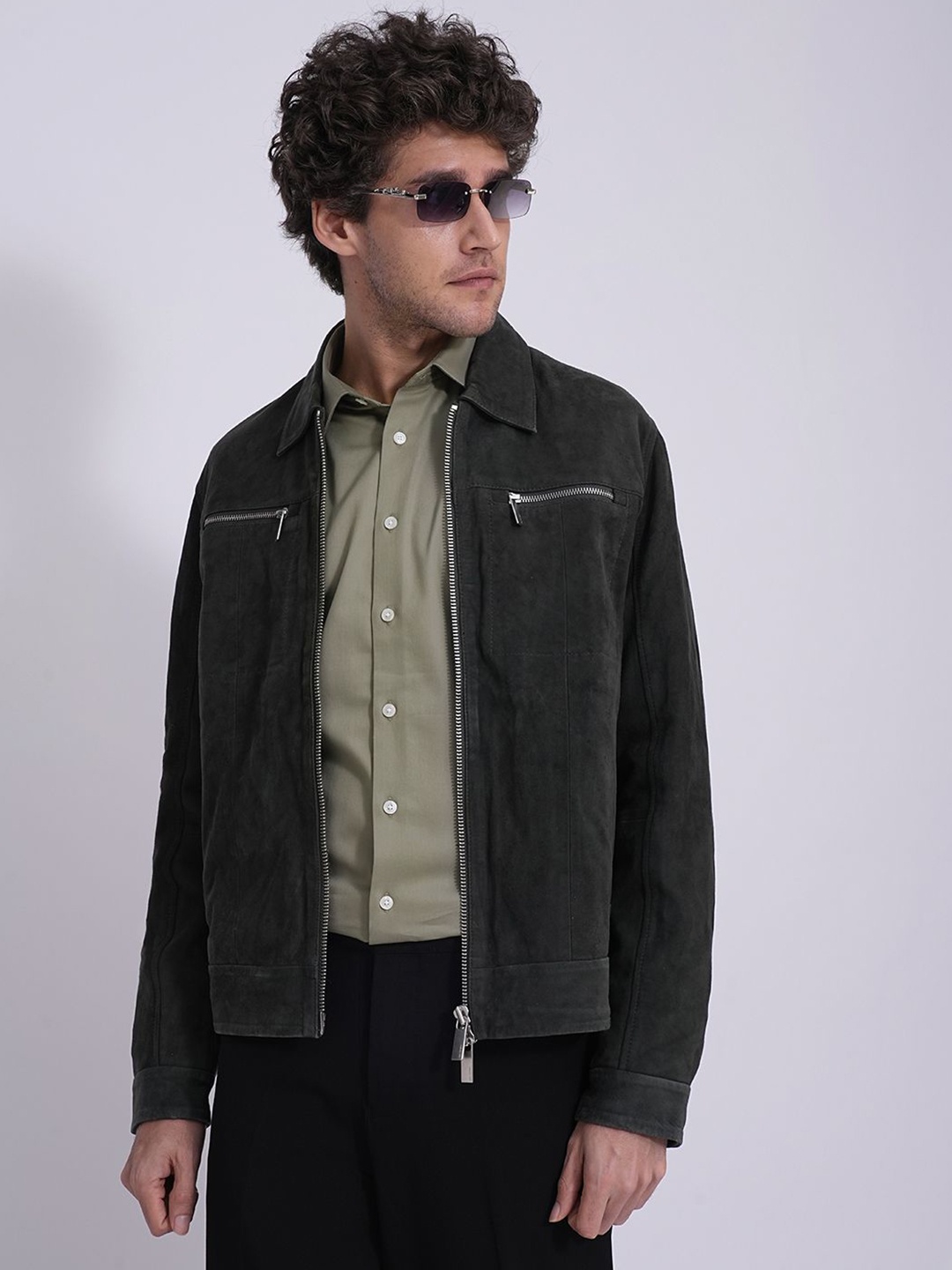 

SELECTED Men Slim Fit Spread Collar Solid Cotton Casual Shirt, Olive