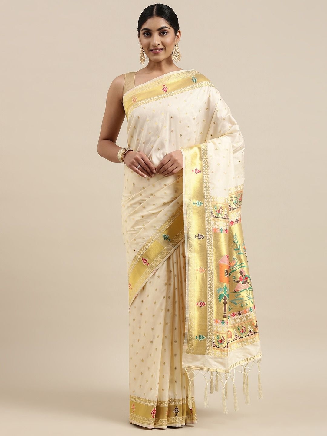 

DIVASTRI Ethnic Motifs Woven Design Zari Paithani Saree, White