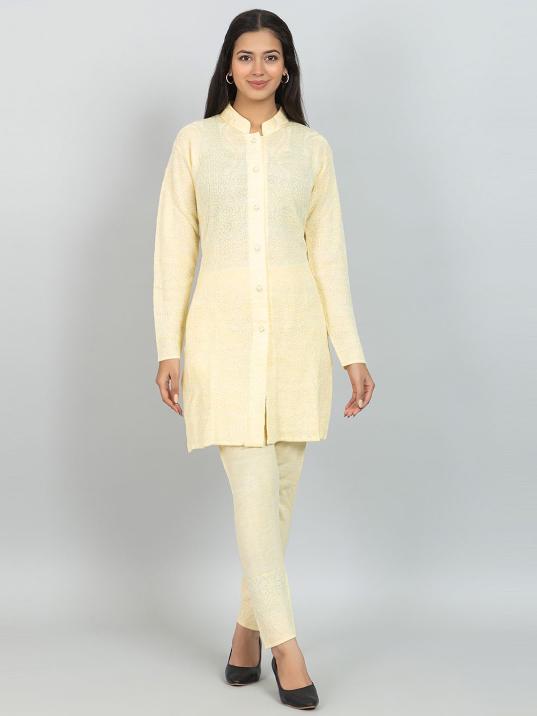 

Wool's Kart Self Design Mandarin Collar Tunic With Trouser, Yellow