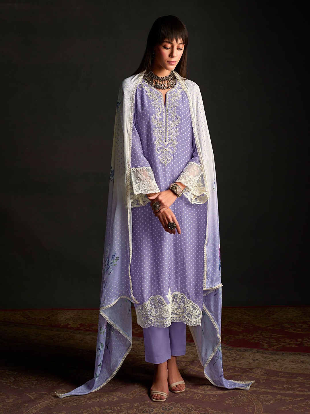 

ODETTE Floral Embroidered Sequinned Straight Kurta with Trousers & Dupatta, Purple