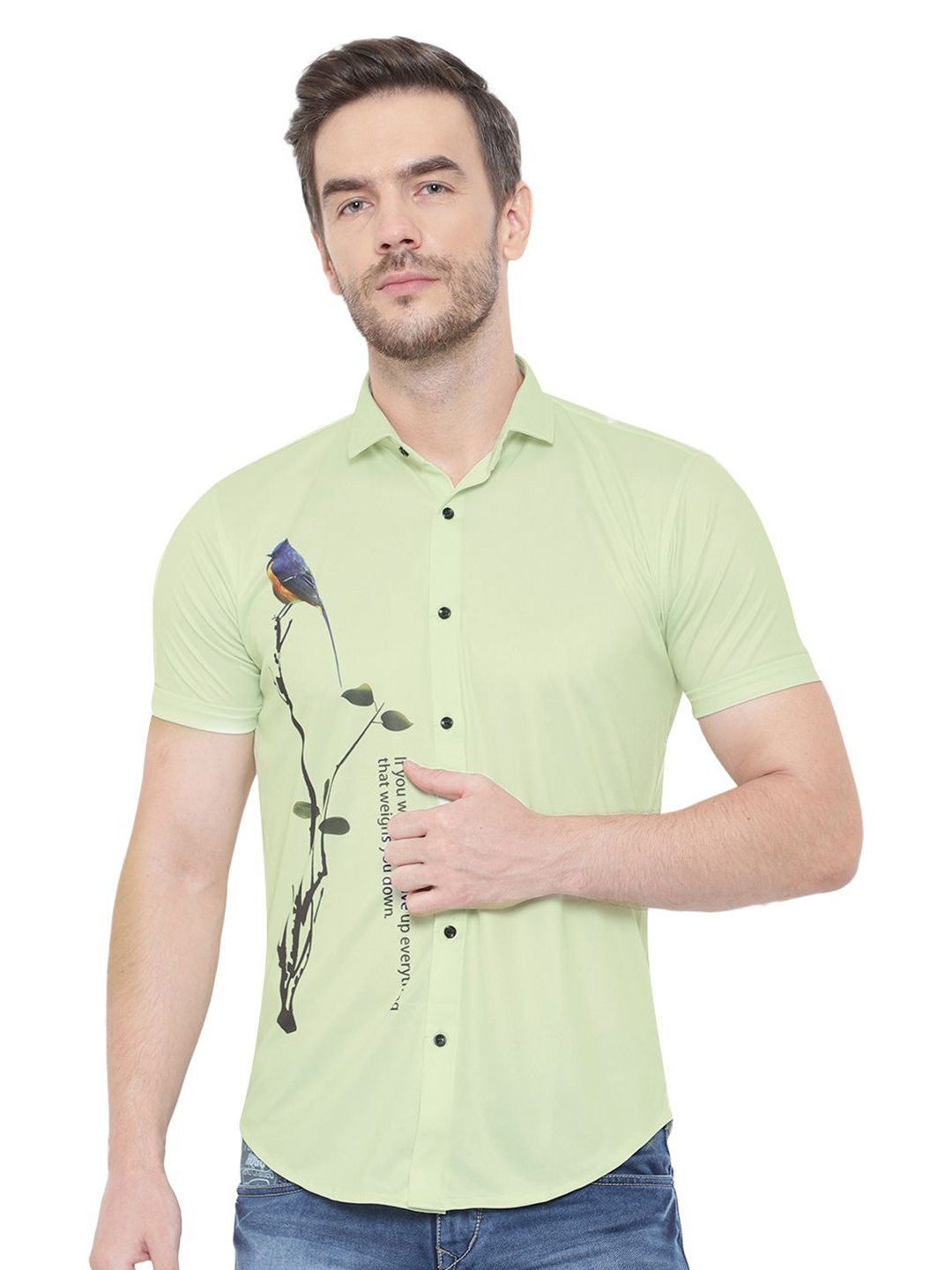 

iCome Men Slim Fit Spread Collar Graphic Printed Cotton Linen Casual Shirt, Green