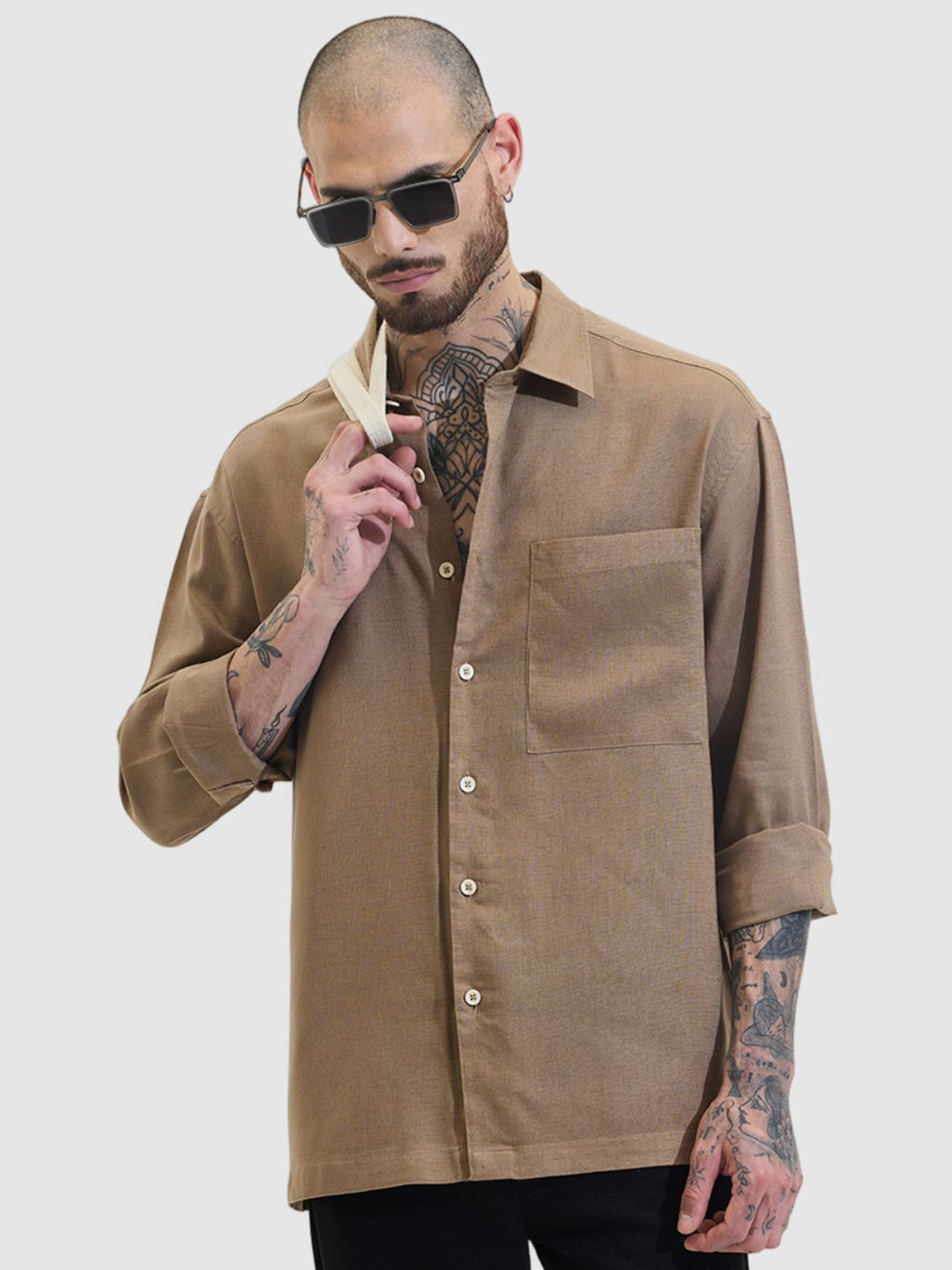 

Snitch Men Relaxed Fit Spread Collar Solid Linen Casual Shirt, Brown