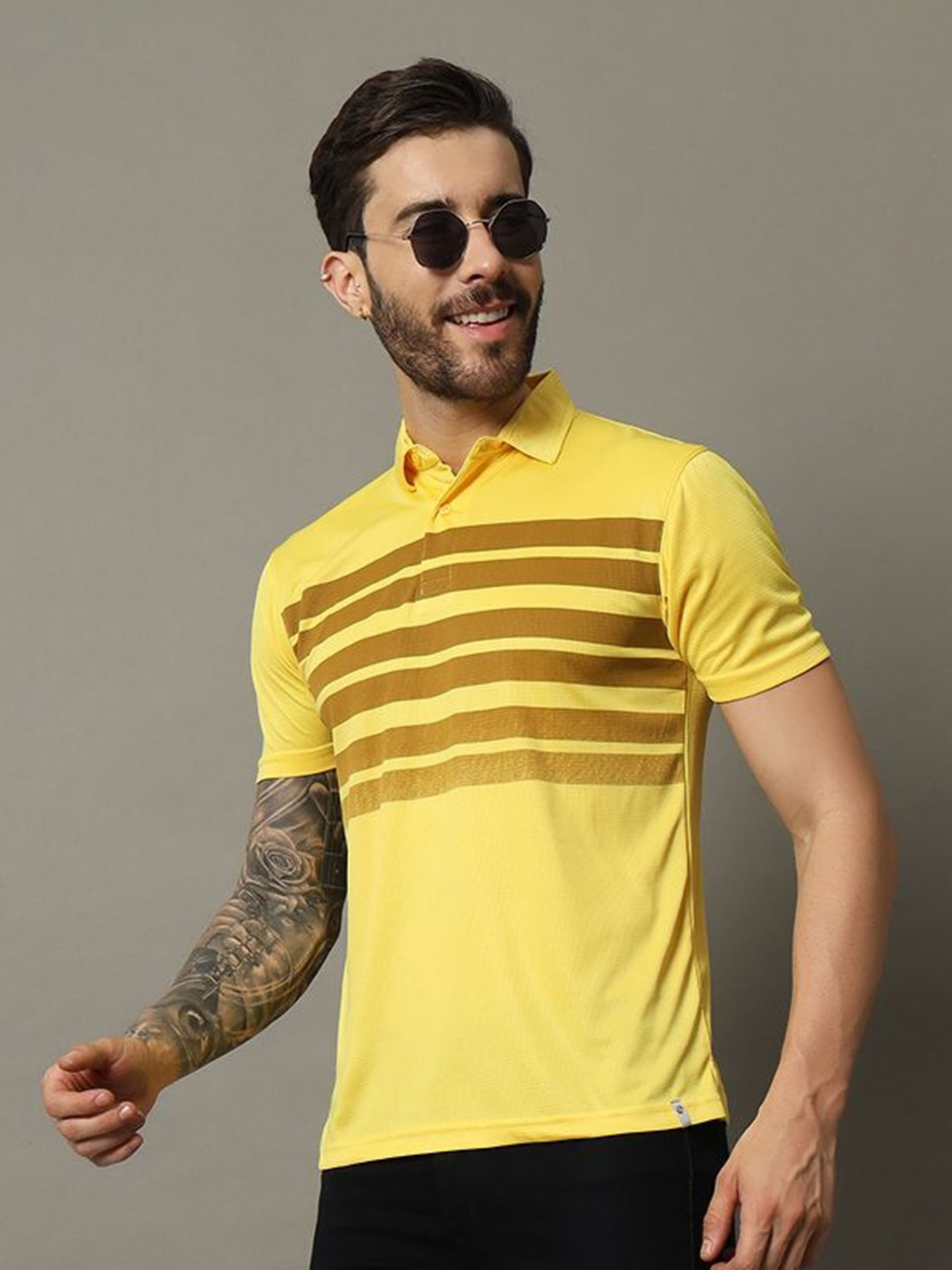 

RENUOVO Men Striped Polo Collar Cotton T-shirt, Yellow
