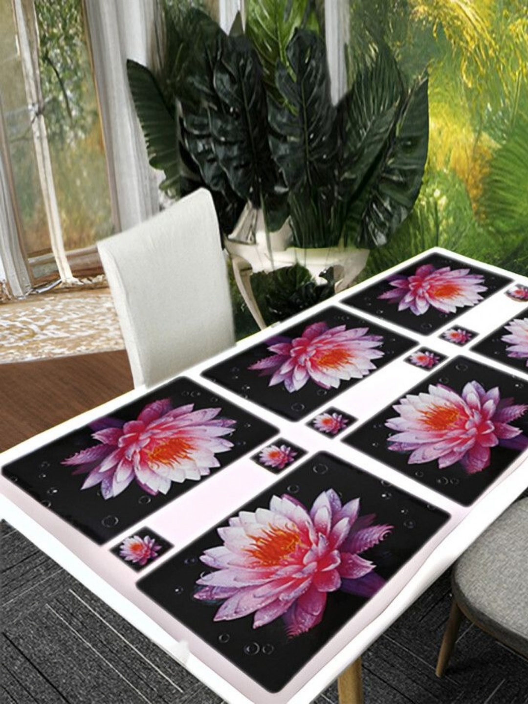 

REVEXO Black & Pink 12 Pcs Floral Printed Rectangular Shaped Coasters & Table Placemats