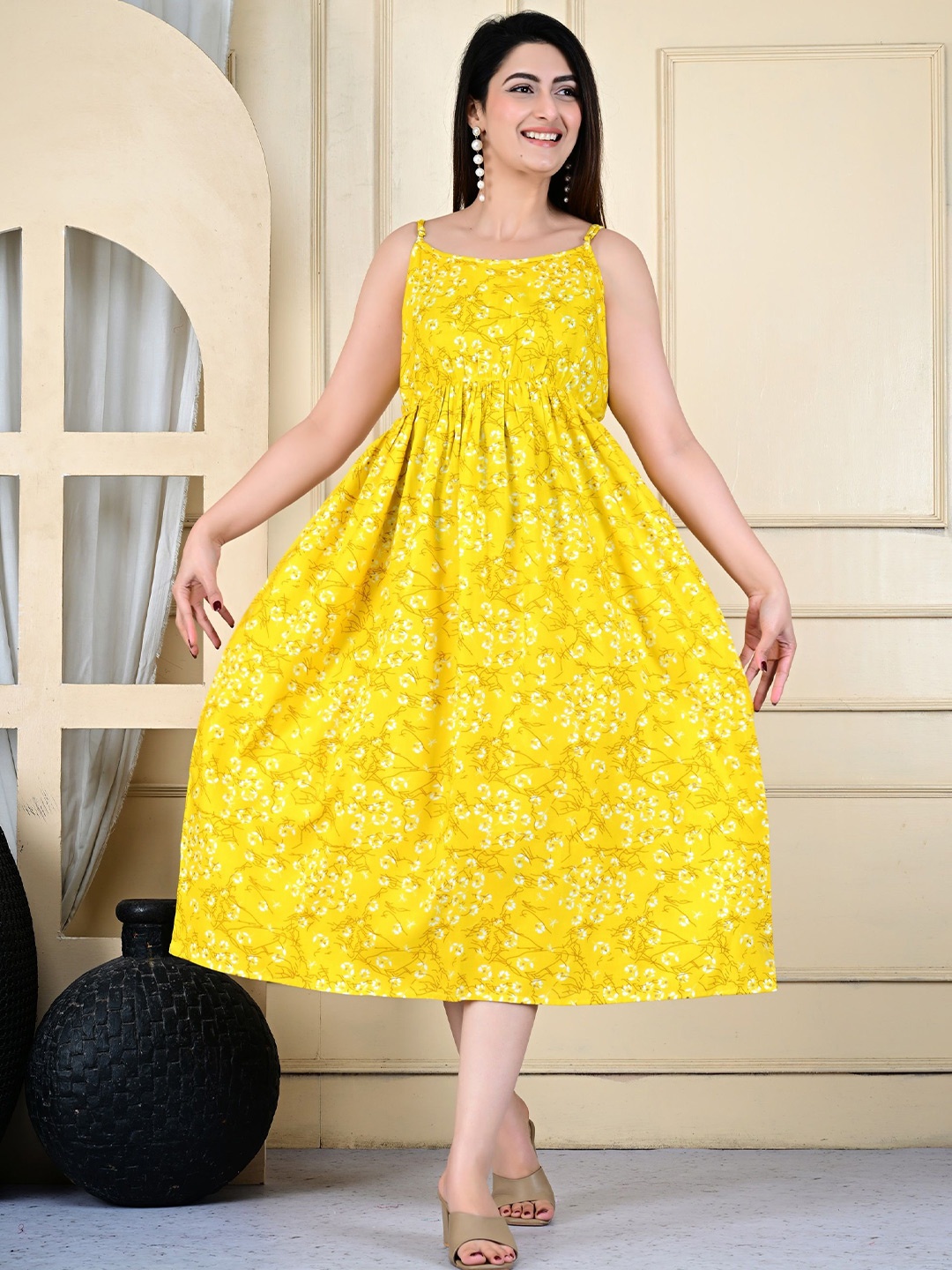 

Nefies Floral Print Fit And Flare Midi Dress, Yellow