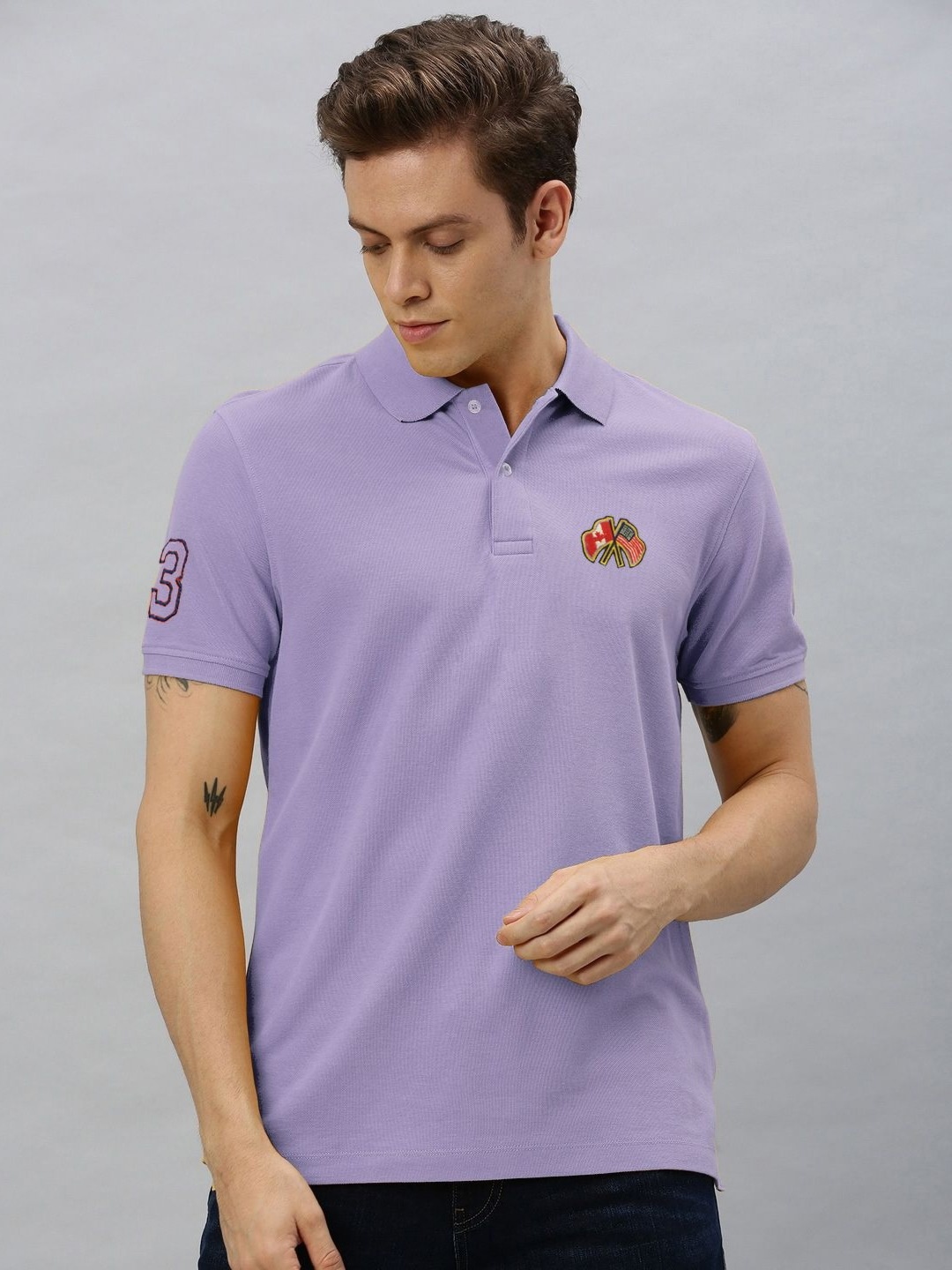 

MERRIMENT Men Solid Polo Collar Cotton T-shirt, Lavender