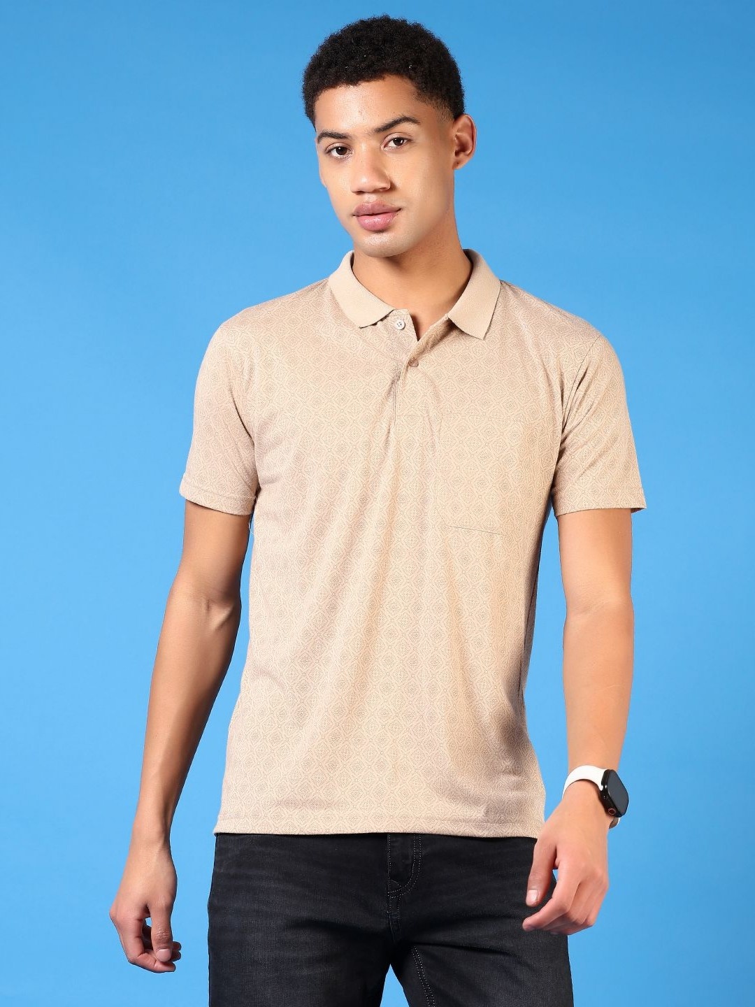 

V-Mart Men Geometric Printed Polo Collar Cotton T-shirt, Peach