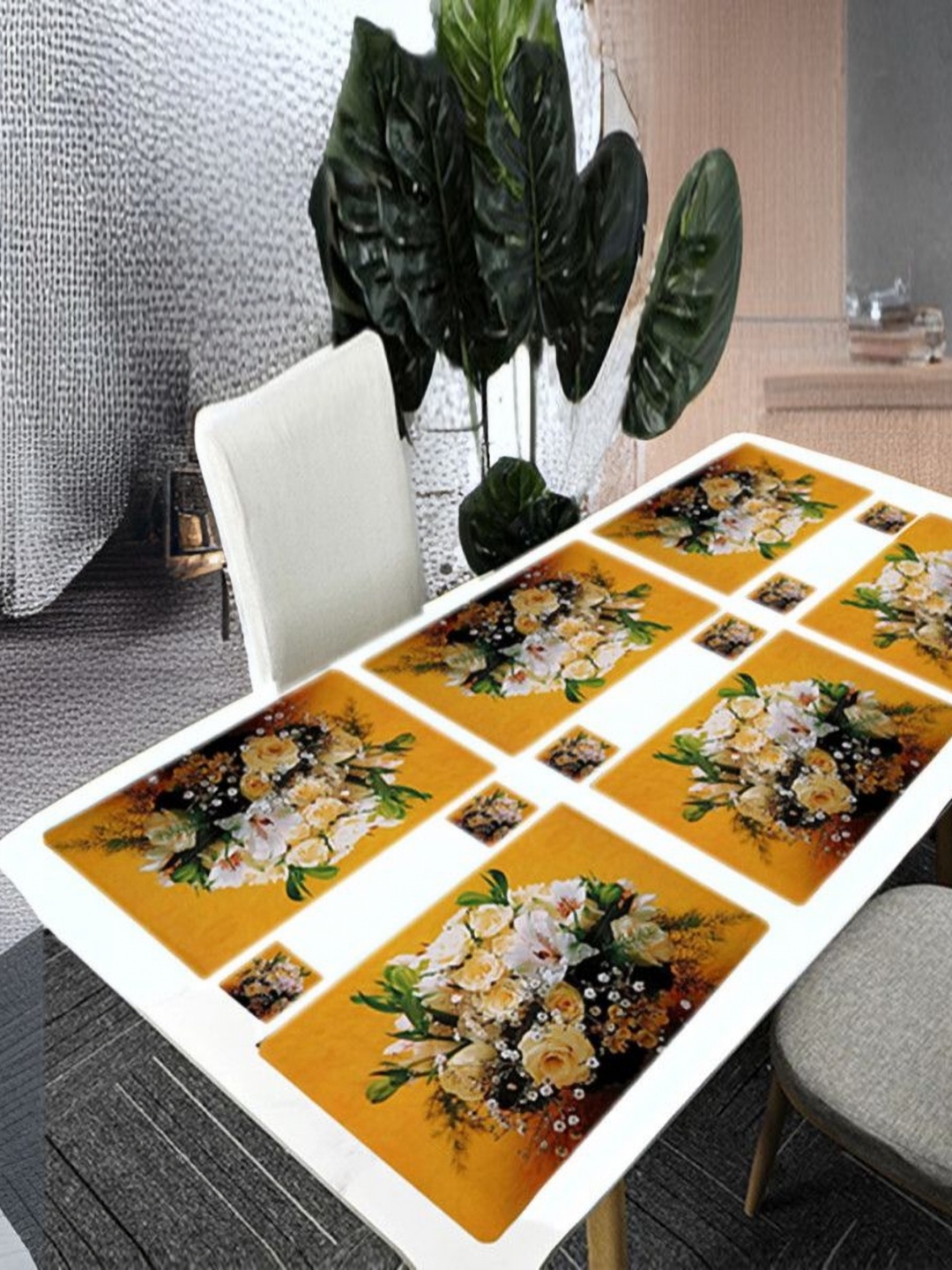 

REVEXO Yellow 12 Pieces Floral Printed Rectangular Shaped Coasters & Table Placemats
