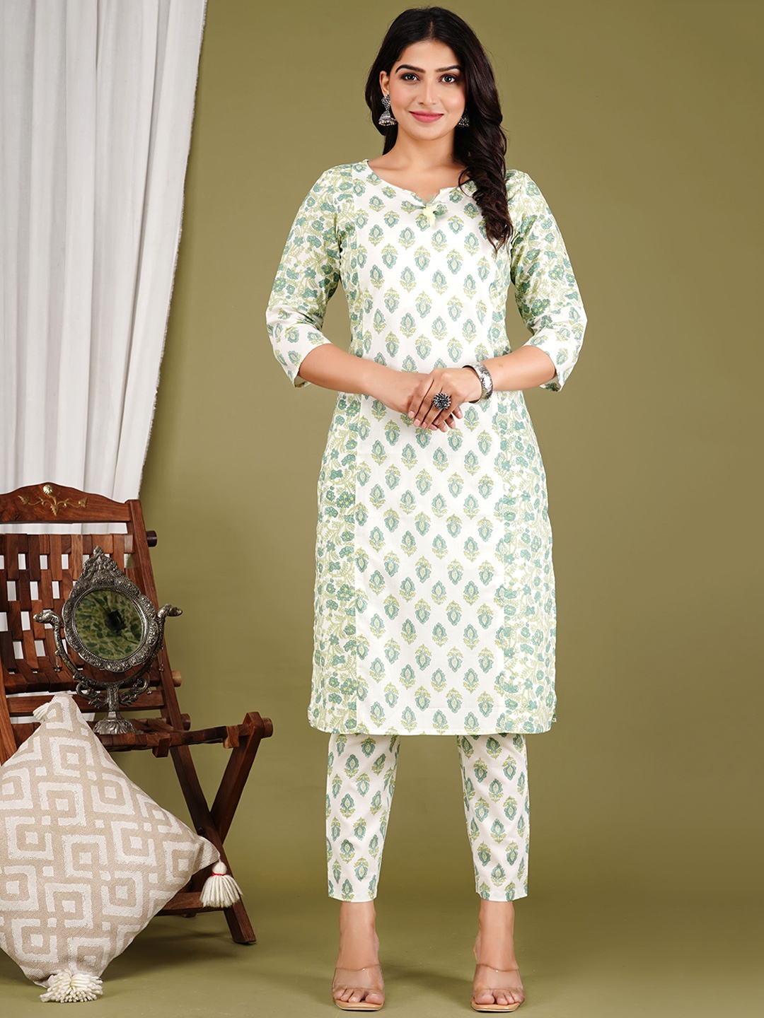 

Moajaza Floral Printed Notch Neck Pure Cotton Straight Kurta with Trousers, Off white