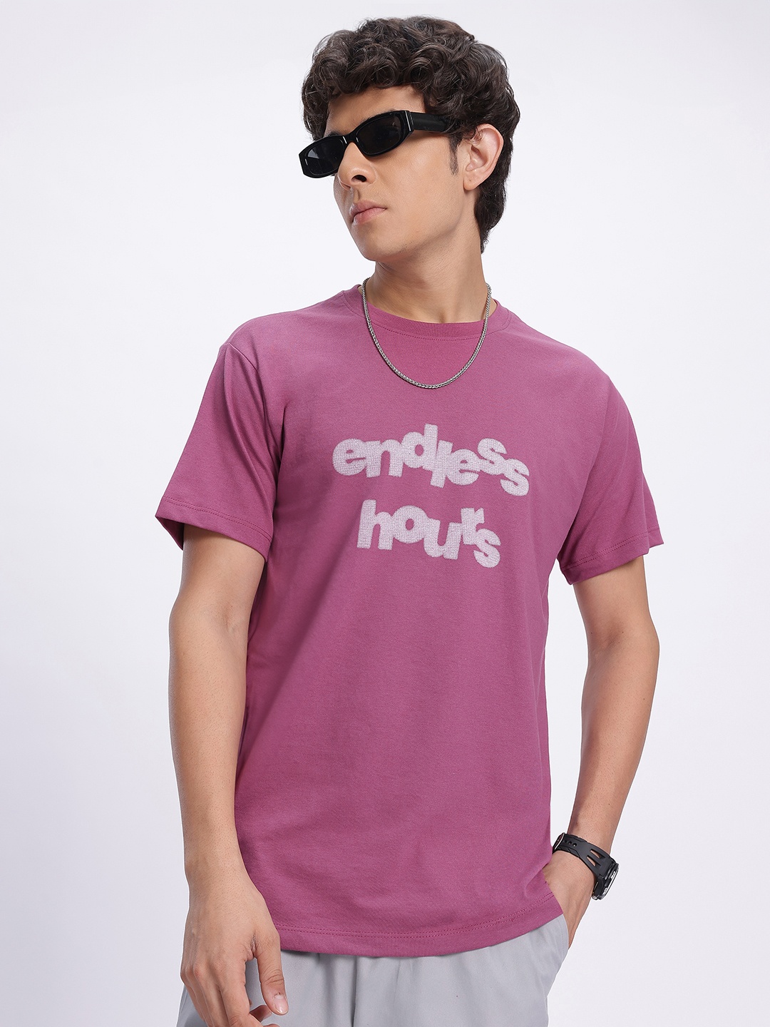 

glitchez Effortless Cool Typography Striped Drop-Shoulder Sleeves T-shirt, Purple