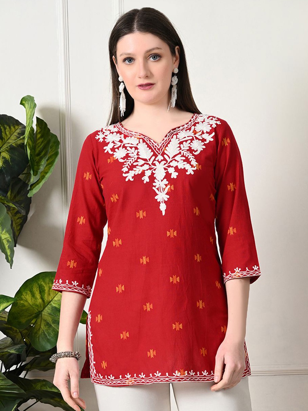 

KALINI Ethnic Motifs Yoke Design Thread Work Pure Cotton Thread Work Kurti, Red