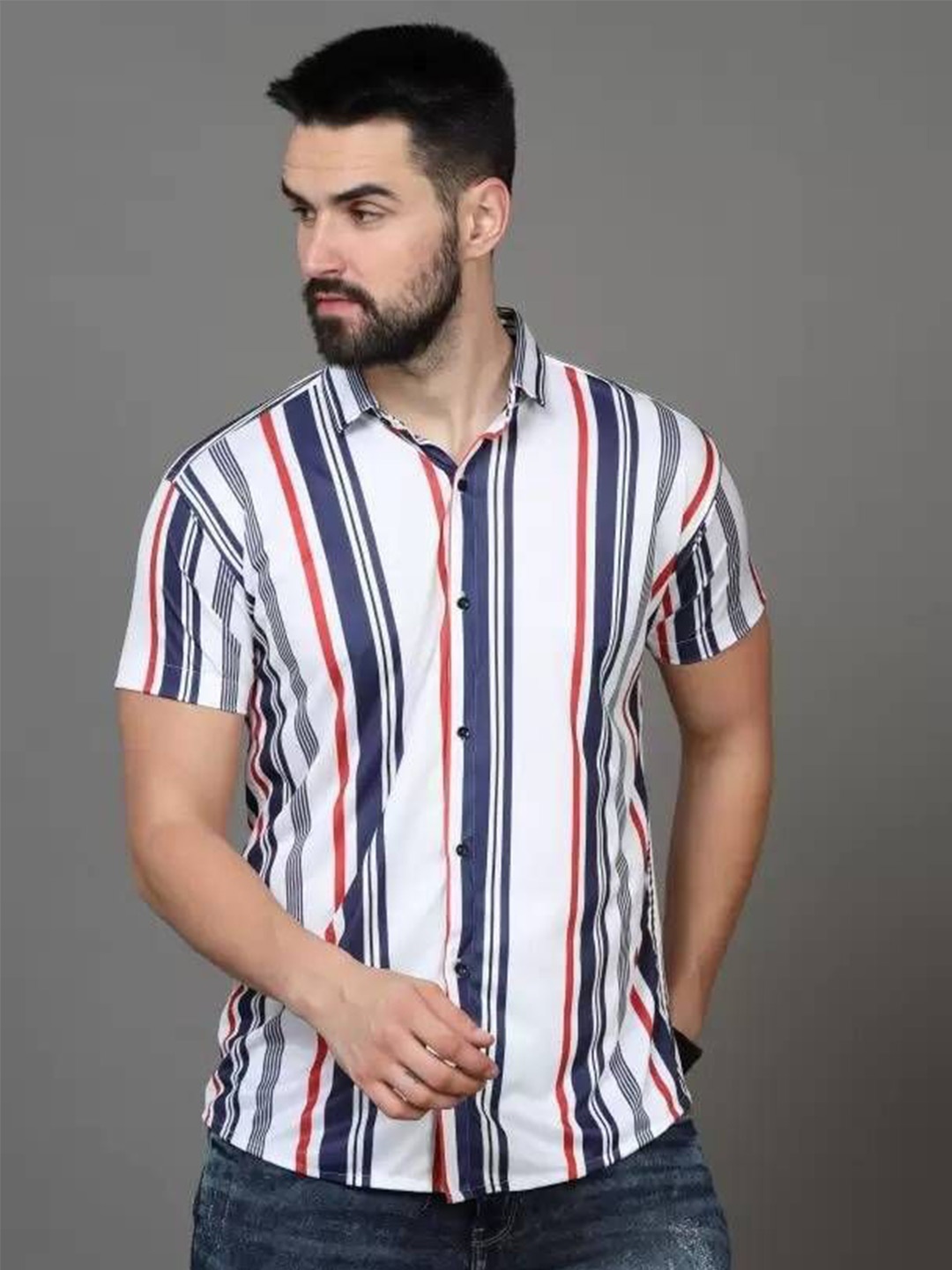 

iCome Men Spread Collar Vertical Striped Cotton Linen Casual Shirt, Navy blue