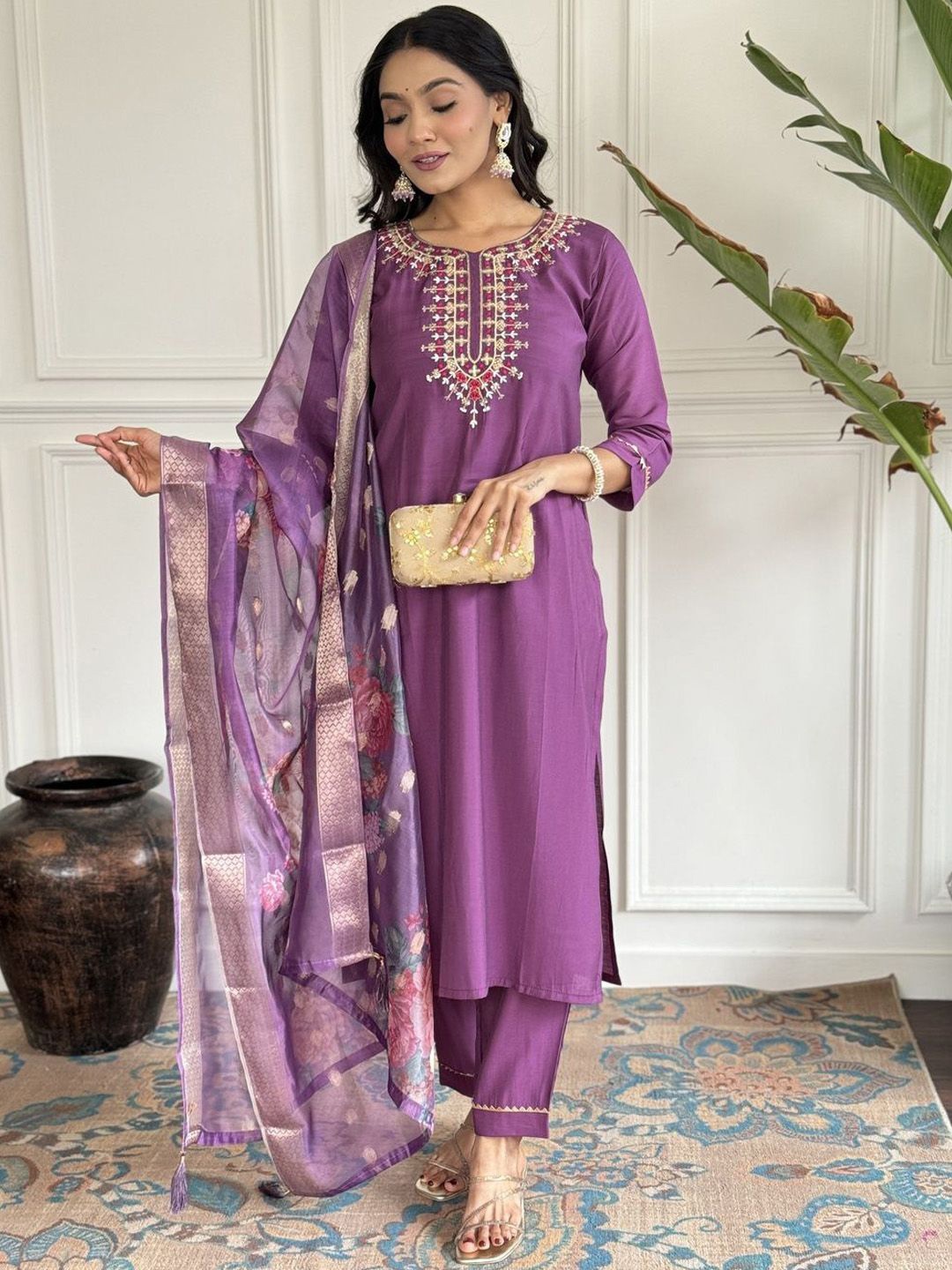 

DIVASTRI Floral Embroidered Sequinned Round Neck Kurta With Trousers & Dupatta, Purple