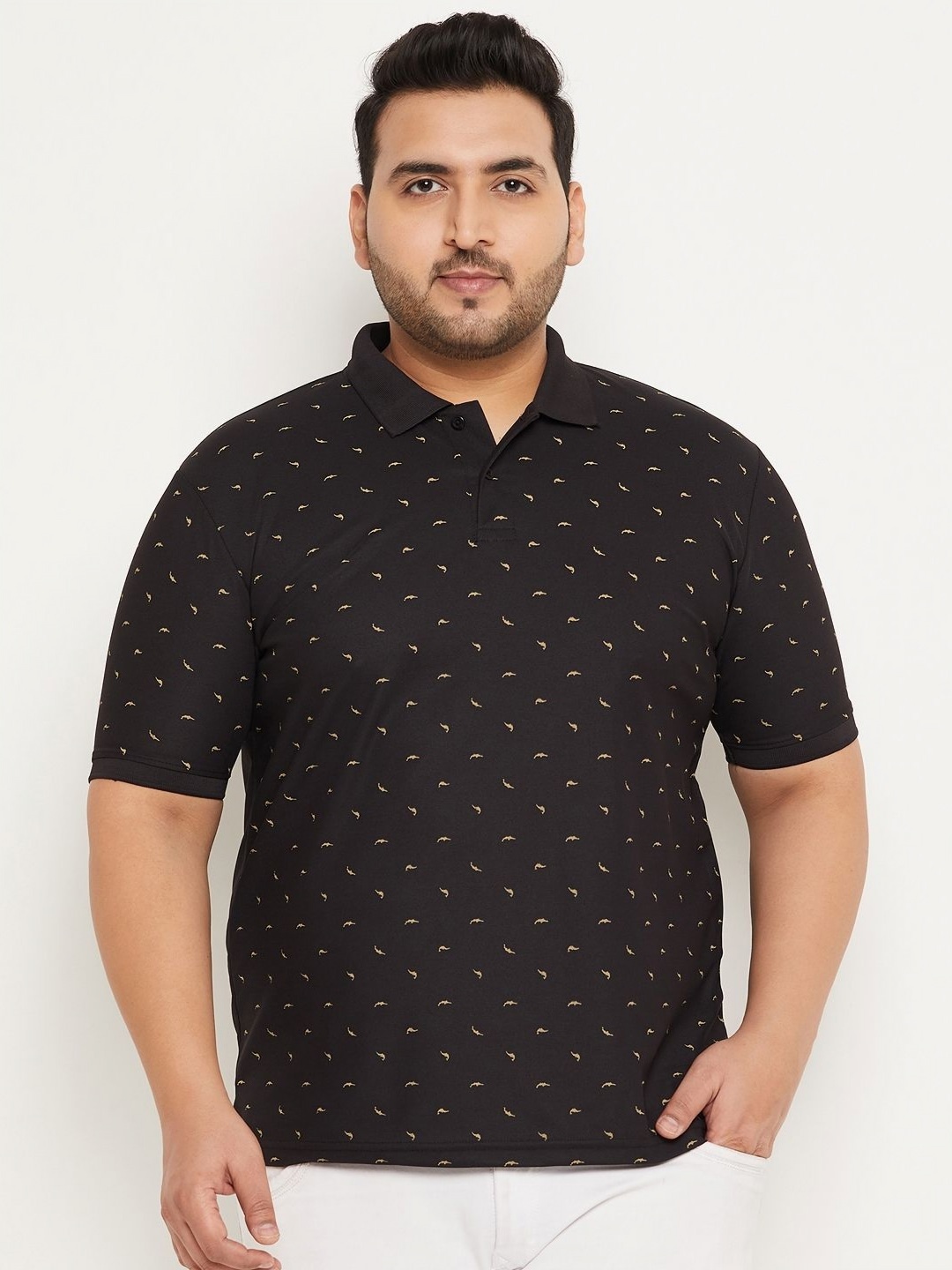 

RENUOVO Men Plus Size Graphic Printed Polo Collar Cotton T-shirt, Black