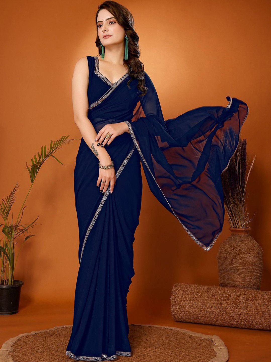 

DIVASTRI Solid Mirror Work Saree With Unstitched Blouse Piece, Navy blue