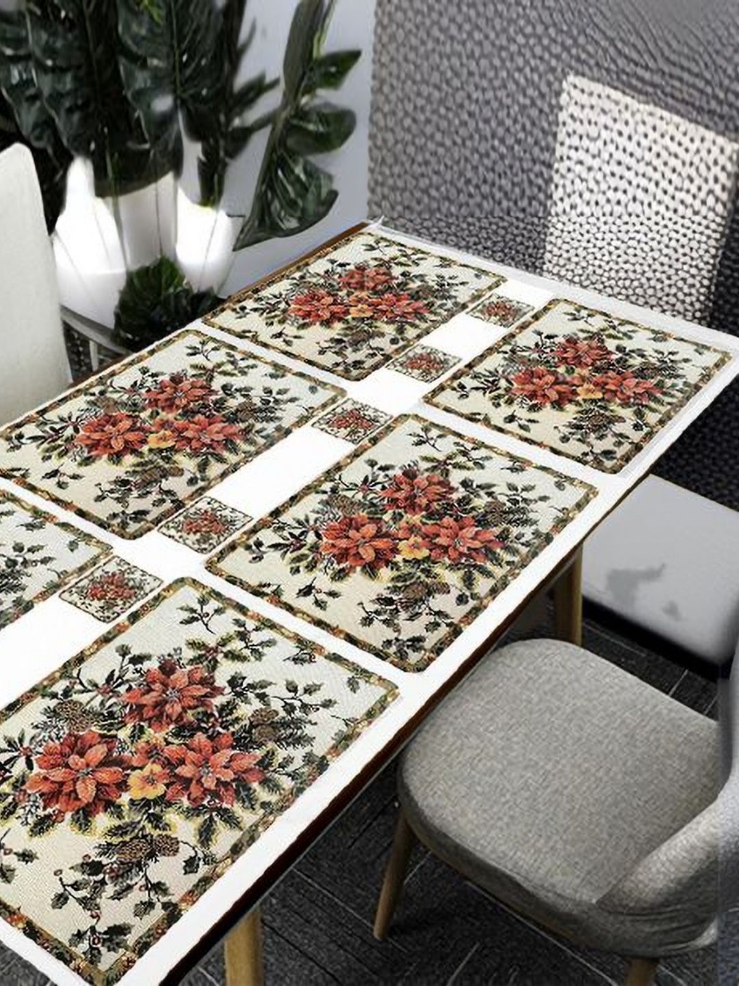 

REVEXO White & Pink 12 Pieces Printed Floral Table Placemats & Coasters