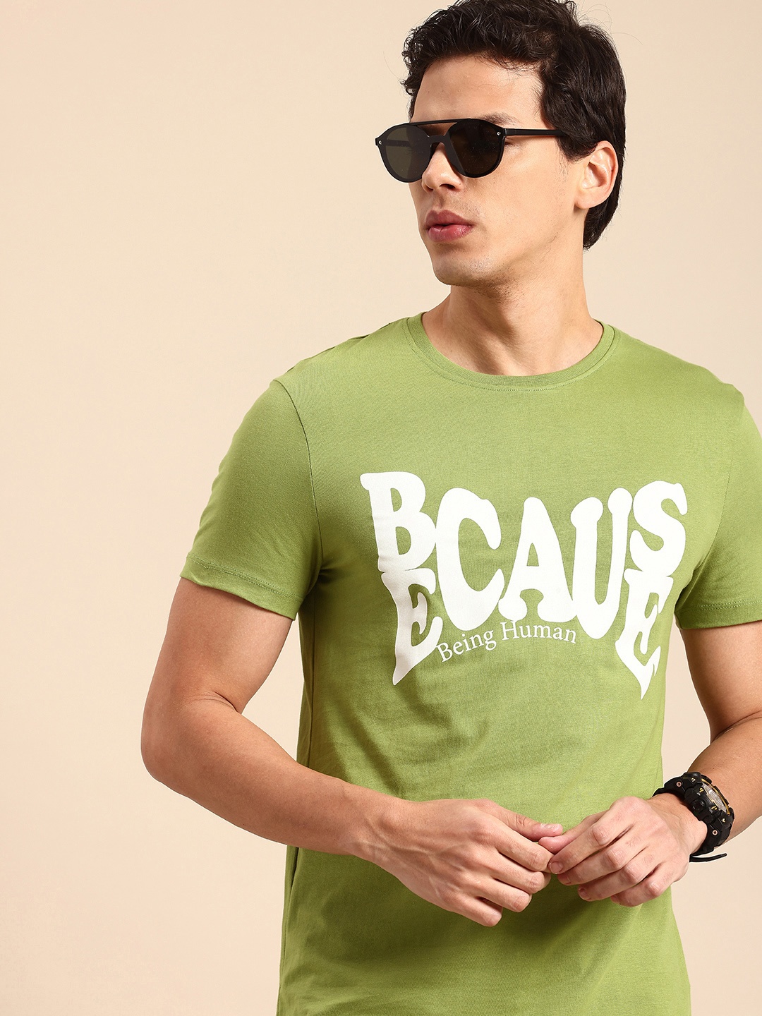 

Being Human Typography Printed Pure Cotton T-shirt, Green