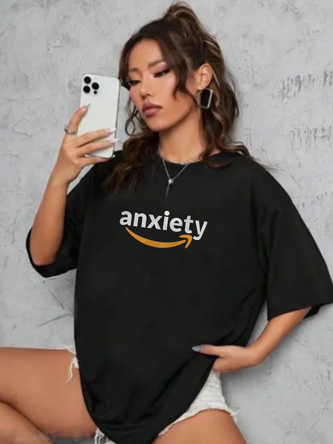 

TOGS & TERRE Women Typography Printed Round Neck Cotton Oversized T-shirt, Black