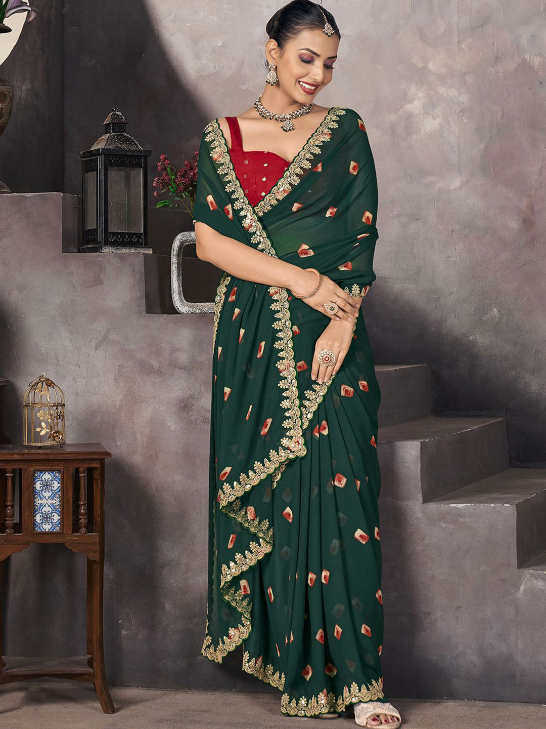 

Satrani Bandhani Sequinned Pure Georgette Bandhani Saree, Green