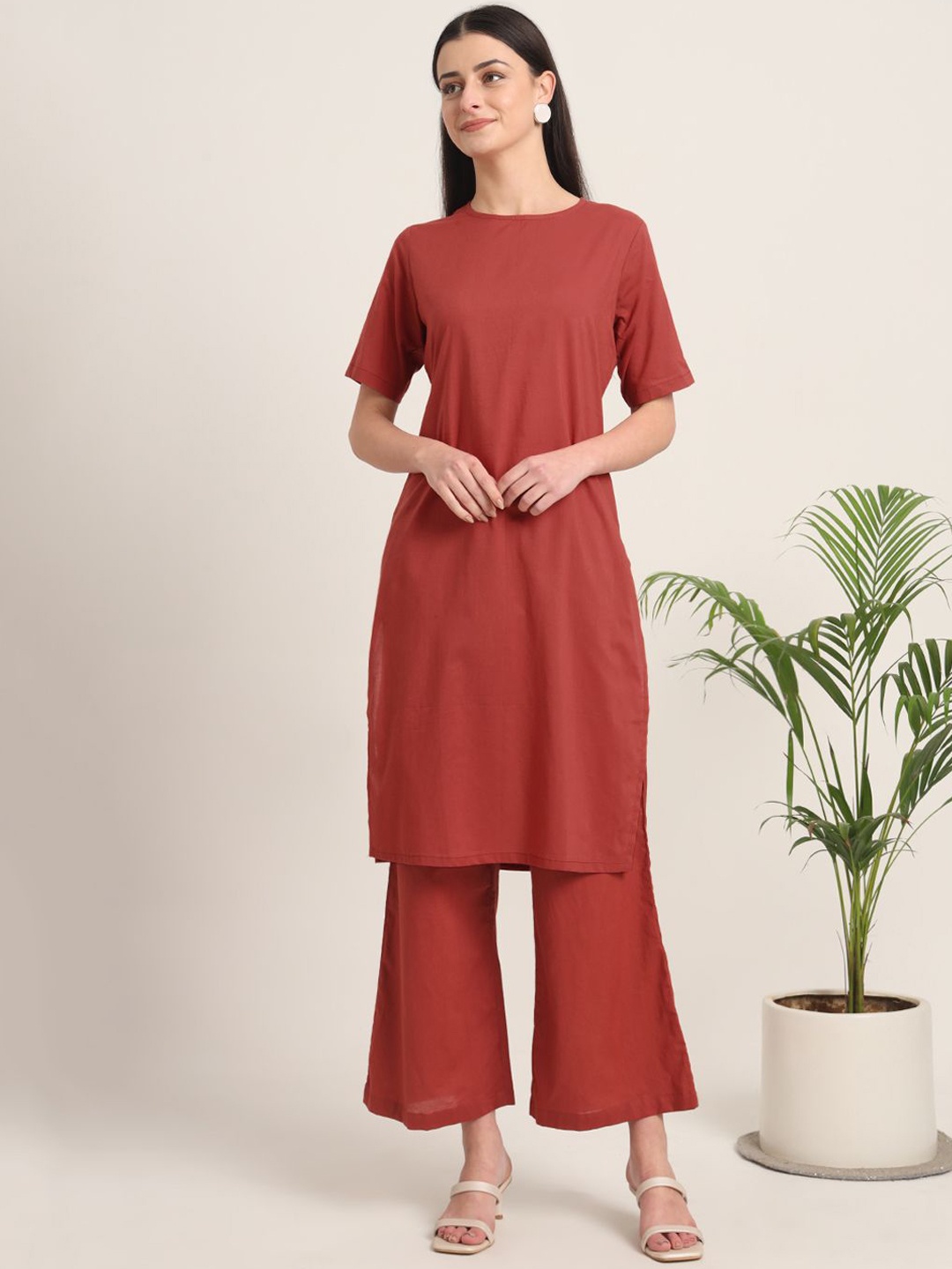 

Thevasa Pure Cotton Boat Neck Top With Trousers Co-Ords, Rust