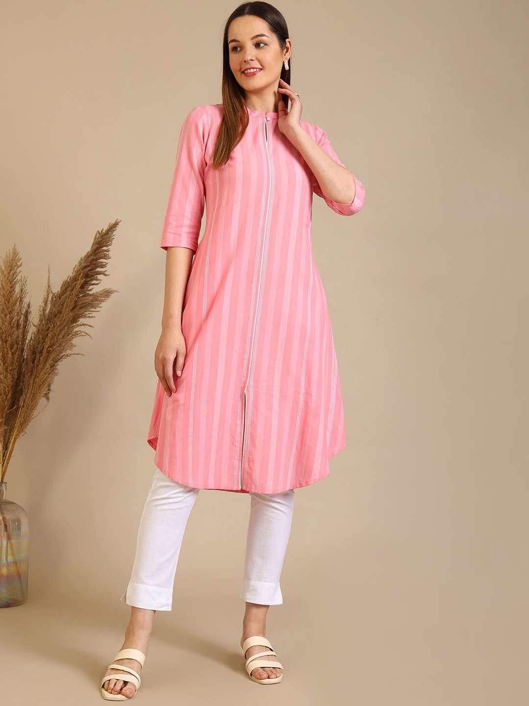 

AURELIA Striped Band Collar Pure Cotton A-Line Kurta, Pink