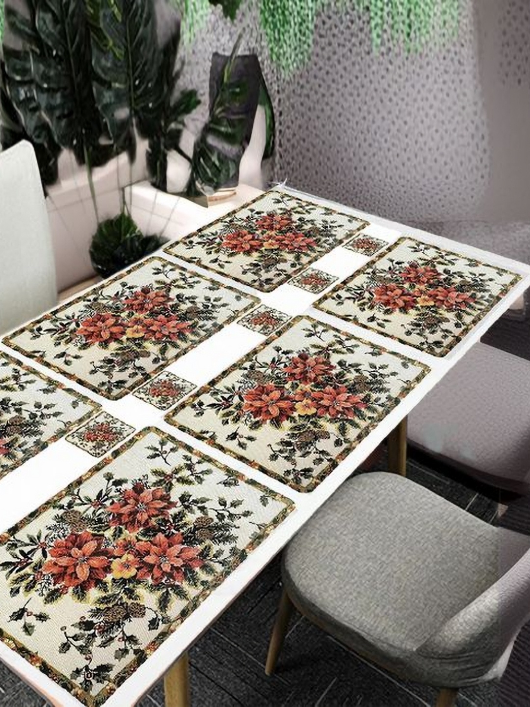 

REVEXO White12 Pcs Floral Printed Rectangular Shaped Coasters & Table Placemats, White