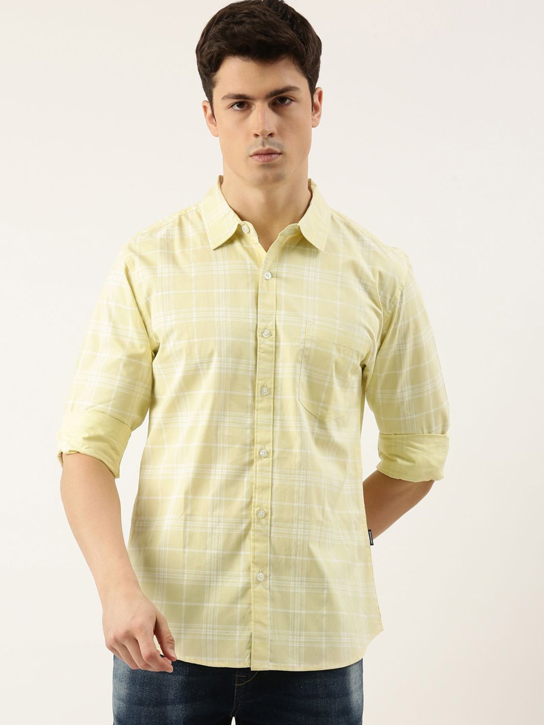 

Provogue Men Spread Collar Tartan Checked Cotton Casual Shirt, Yellow