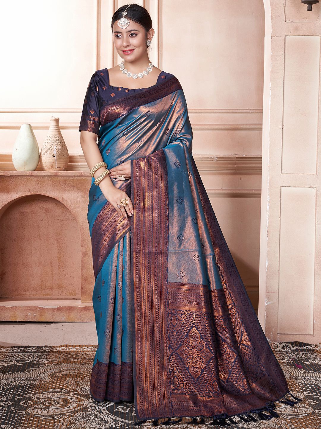 

LeeliPeeri Designer Ethnic Motifs Zari Silk Blend Designer Kanjeevaram Saree, Teal