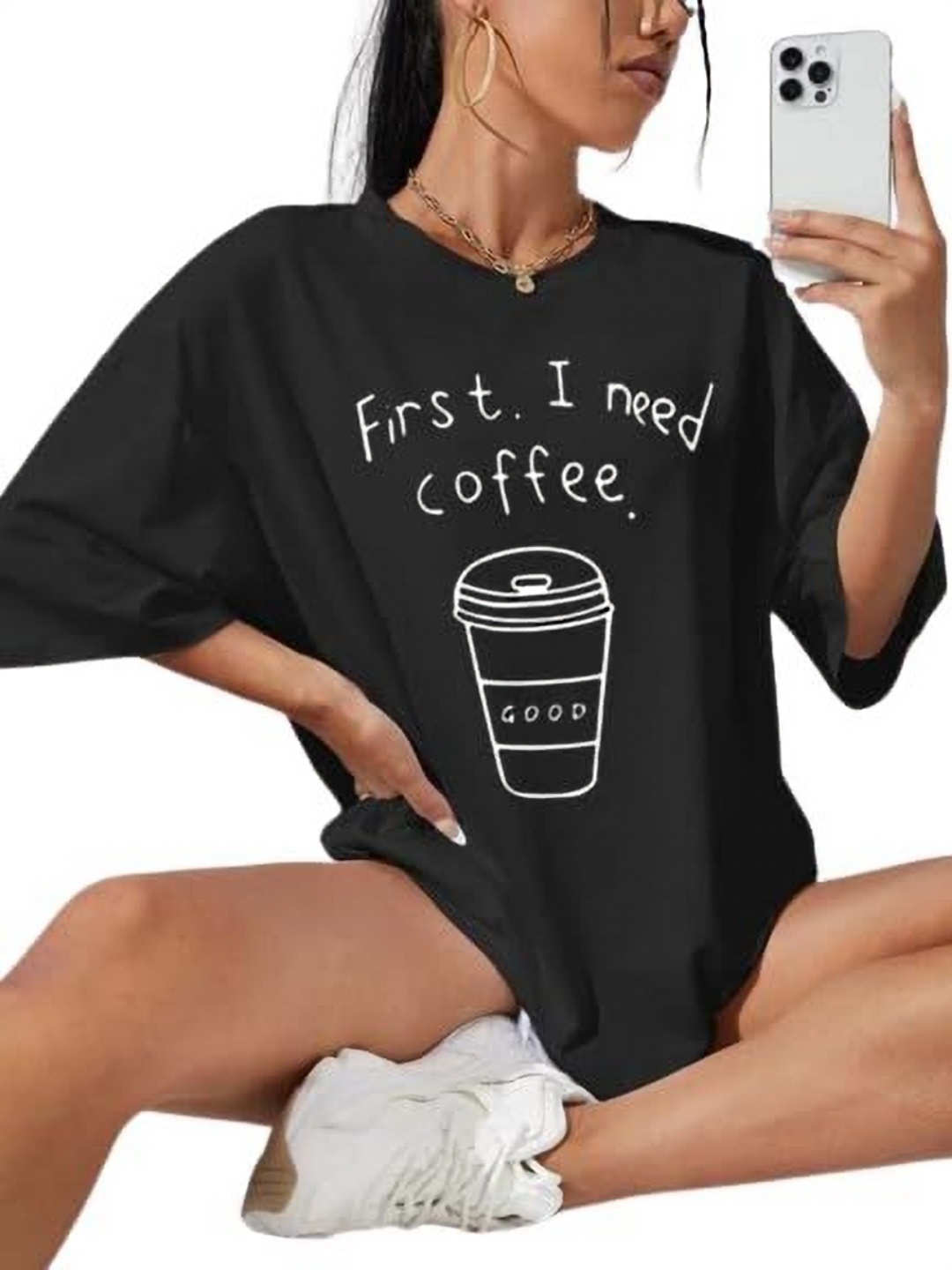 

TOGS & TERRE Women Typography Printed Round Neck Cotton Oversized T-shirt, Black
