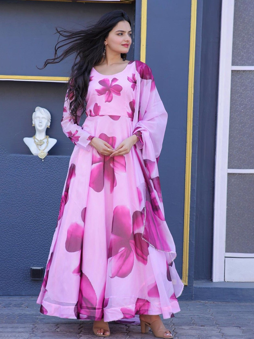 

Jash Creation Women Floral Printed Cotton Dress With Dupatta, Pink