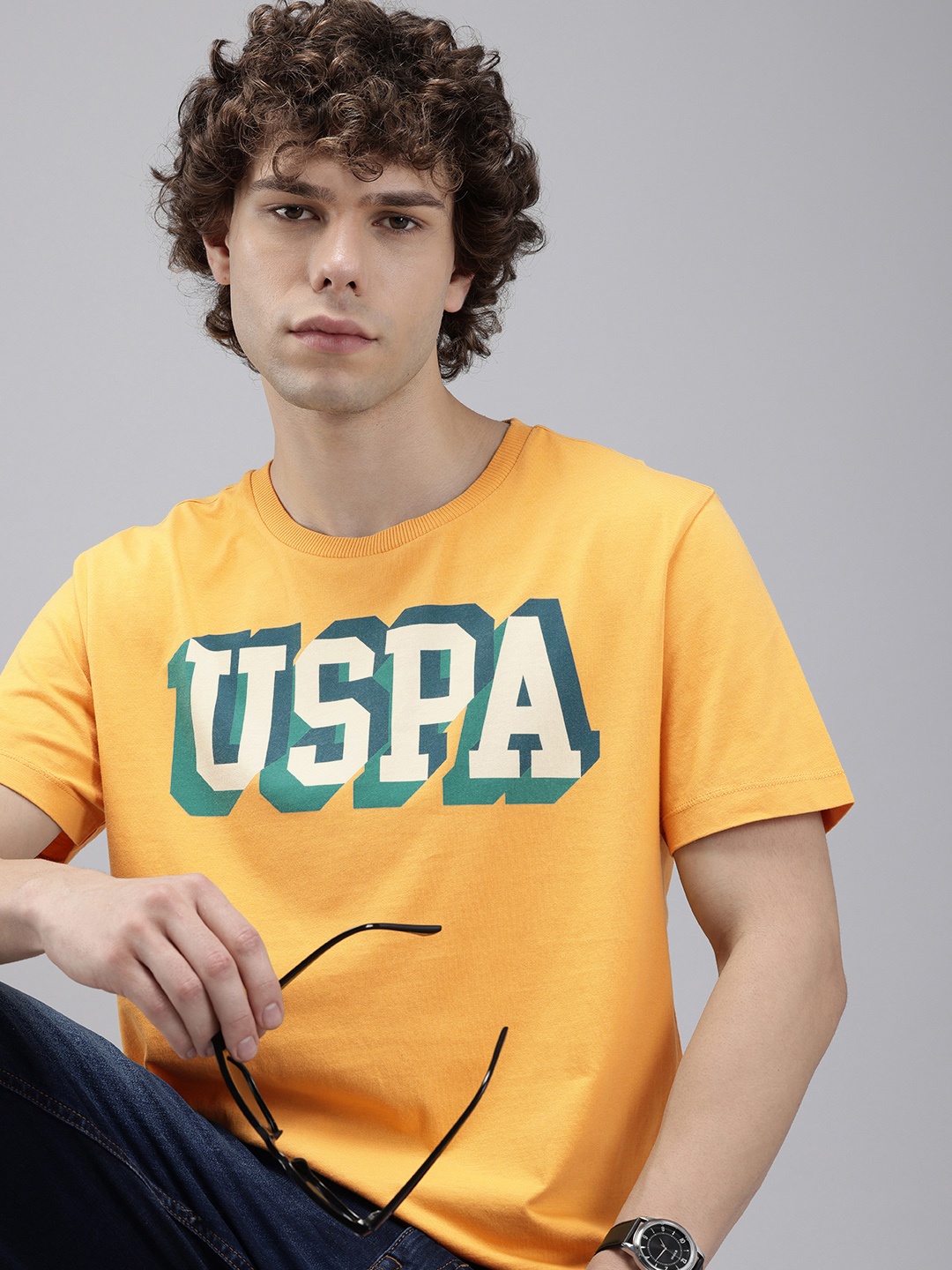 

U.S. Polo Assn. Denim Co. Pure Cotton Brand Logo Printed Slim Fit T-shirt, Mustard