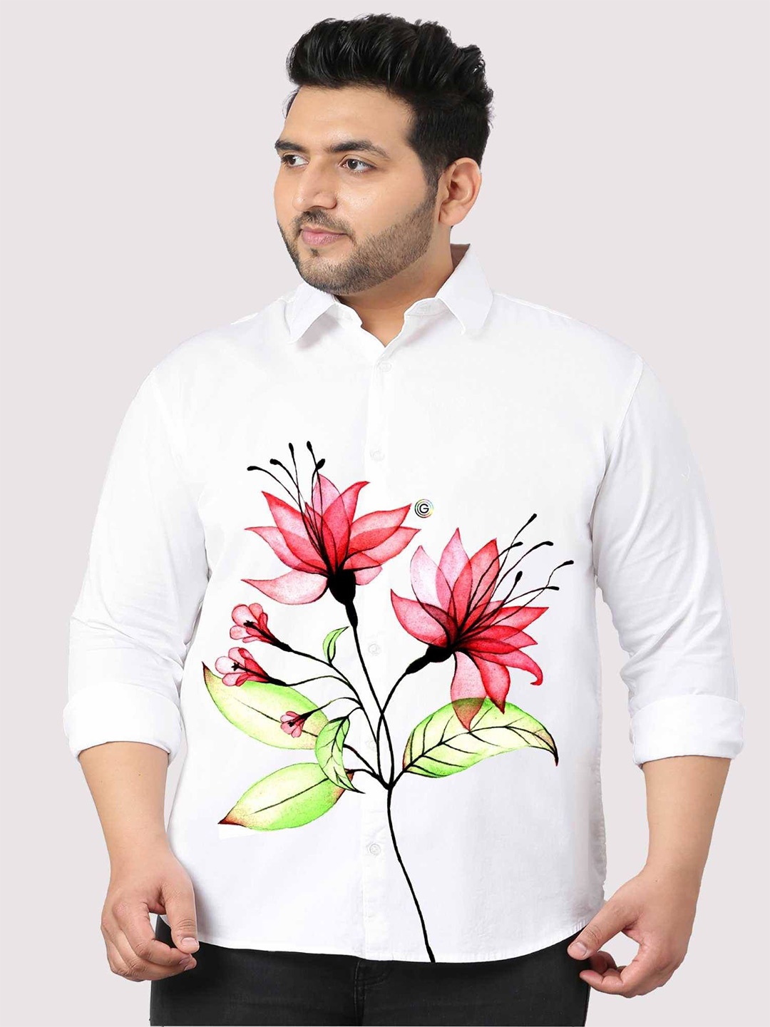 

Guniaa Men Plus Size Classic Fit Spread Collar Floral Printed Cotton Casual Shirt, White