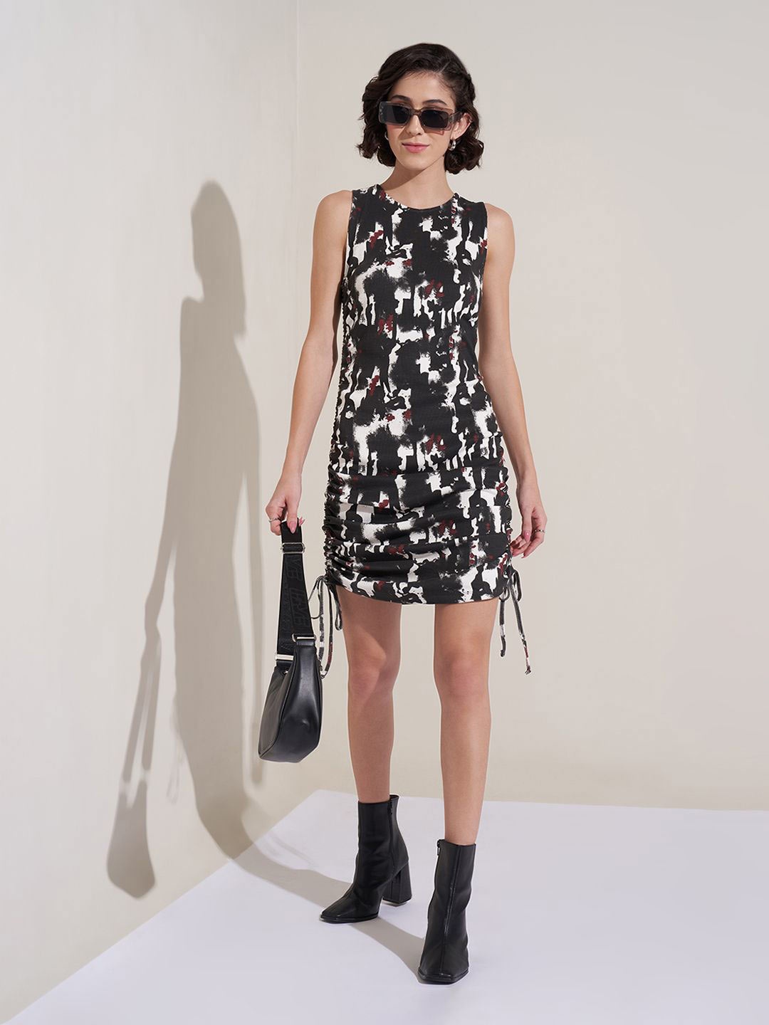

People Abstract Printed Ruched A-Line Dress, Black