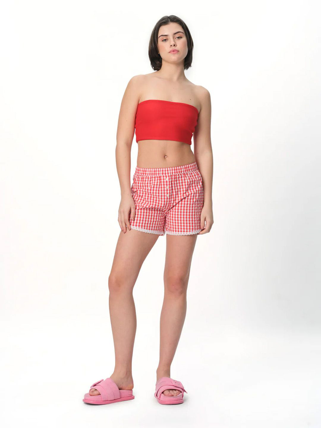 

Bonkers Corner Women Checked Technology Red Lace Trimmed Boxer Shorts