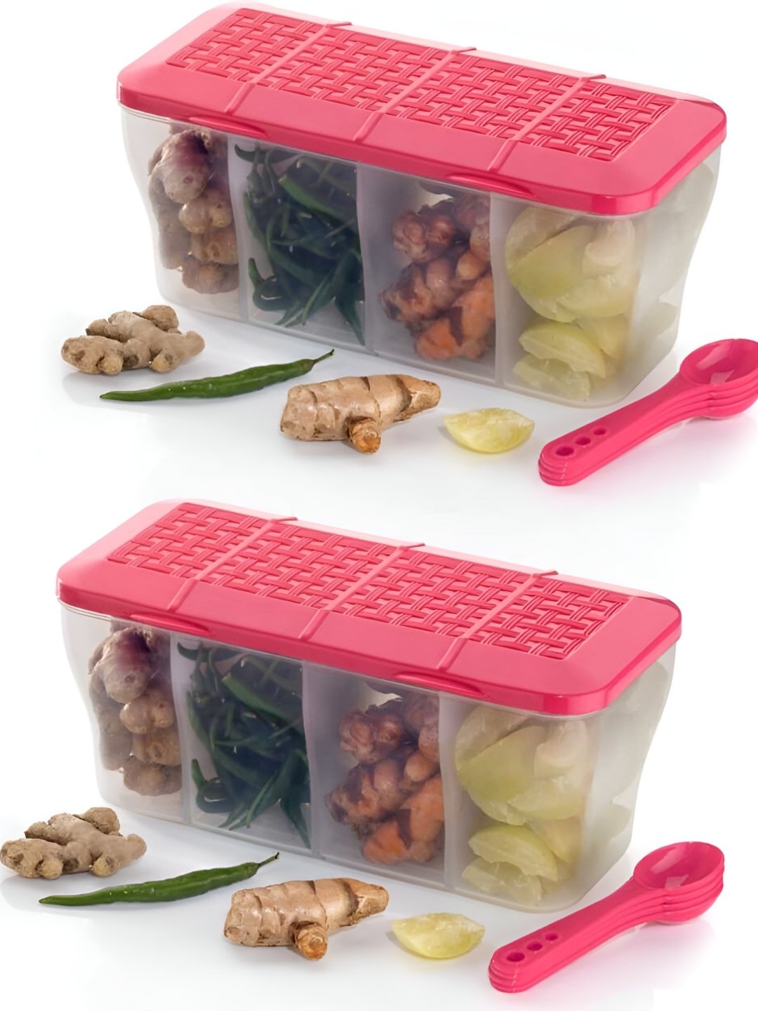 

HASHONE Transparent & Pink 2 Pieces Dishwasher Safe 4 in 1 Masala Box Containers & Spoons