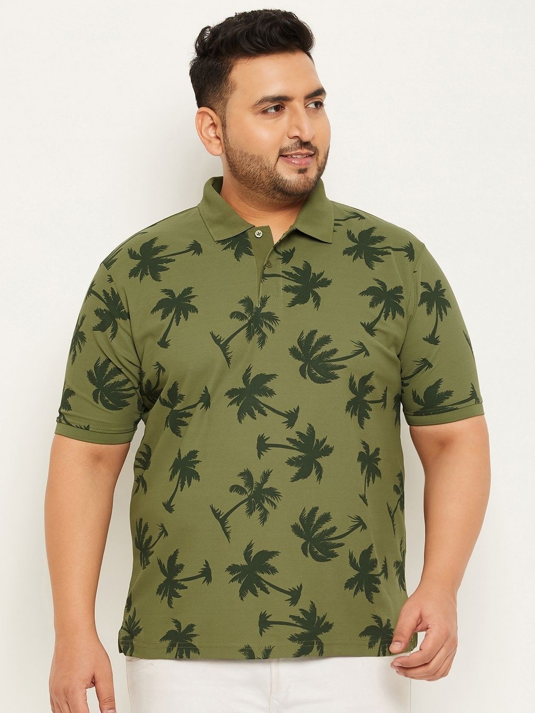 

RENUOVO Men Plus Size Floral Printed Polo Collar Cotton T-shirt, Olive