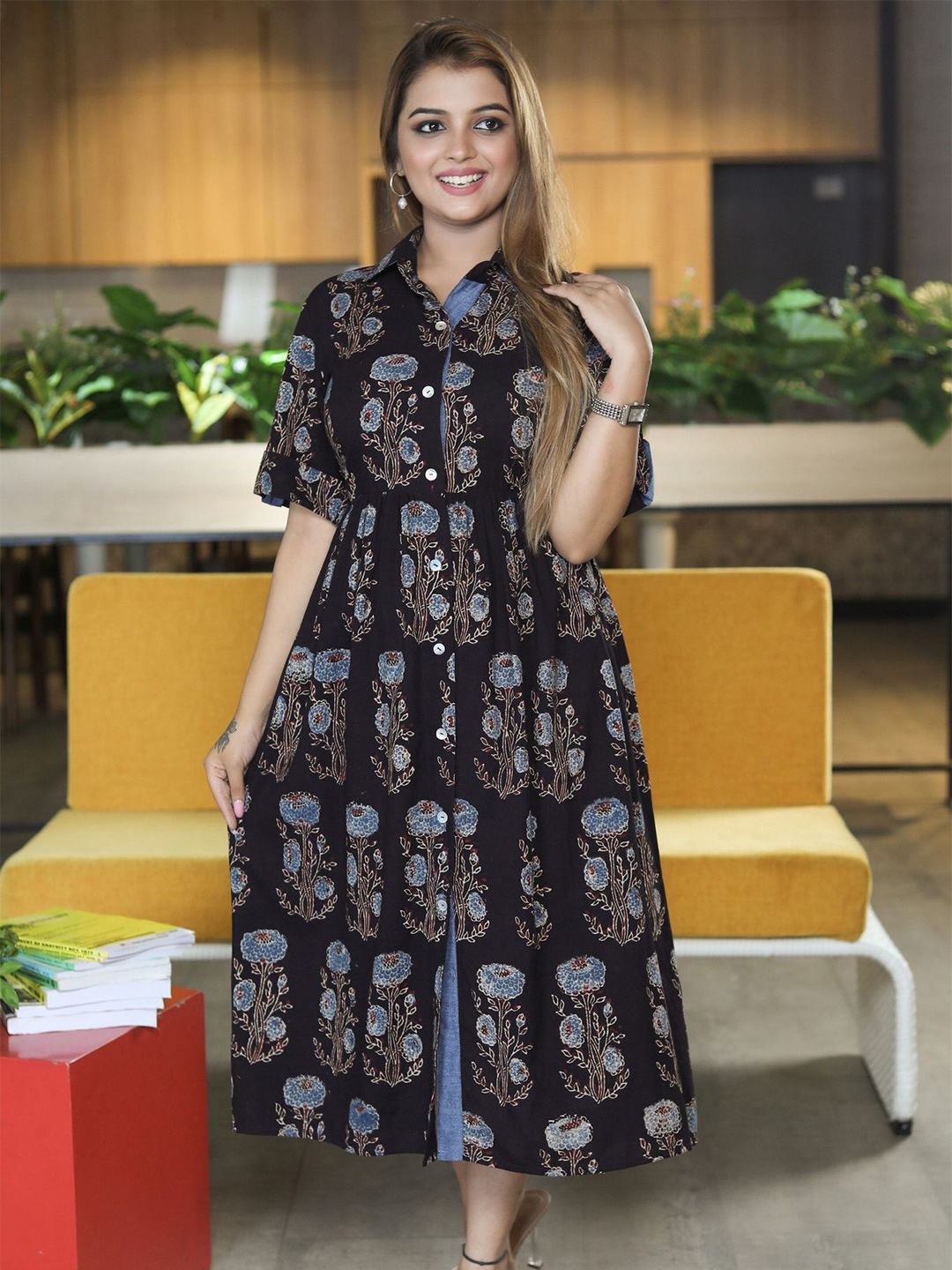 

Prasam Women Floral Print Fit & Flare Midi Dress, Black
