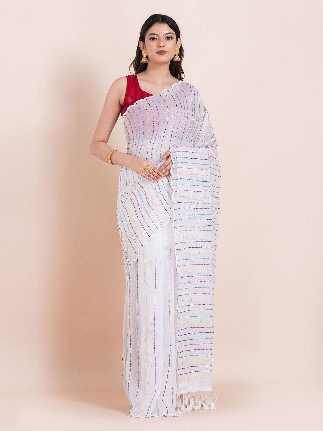 

ShopAaMe Striped Sequinned Pure Cotton Saree, White