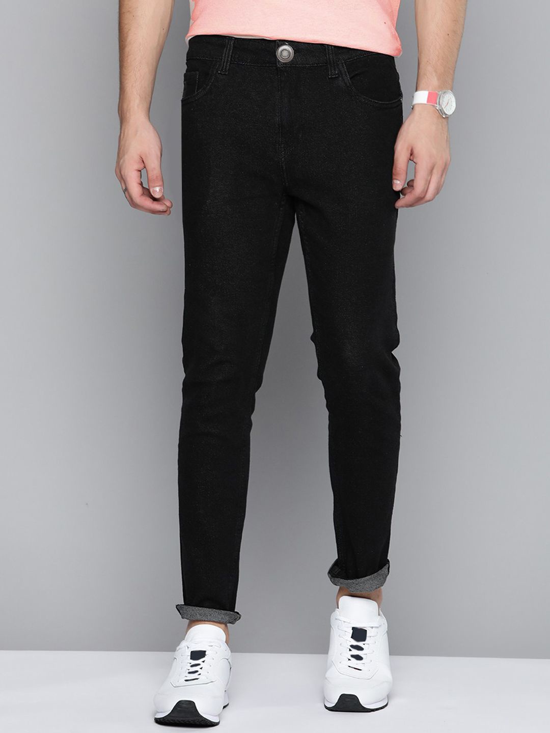 

INDIROCKS Men Cotton Jean Mid-Rise Slim Fit Stretchable Jeans, Black